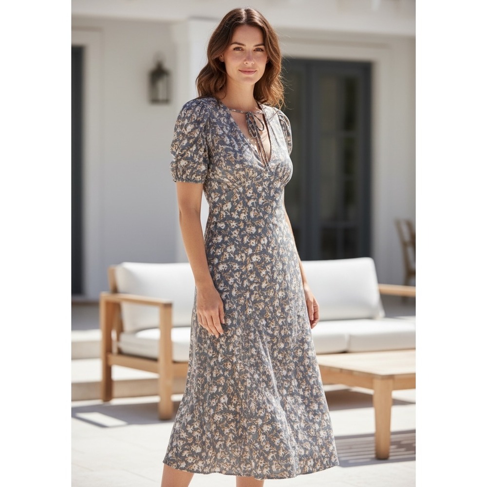 Jen's Pirate Booty for Free People Floral Midi Dress Grey V-Neck Puff Sleeve S/P
